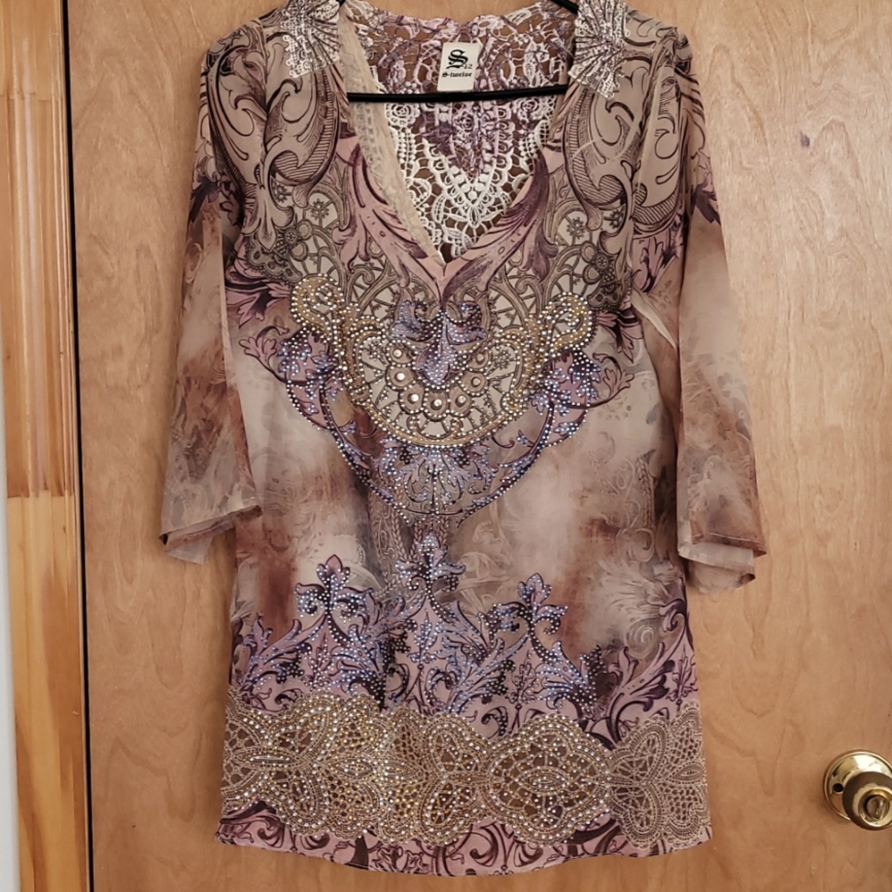 Floral Jersey blouse Embellish 4 colors Rhinestones V-neck Women Size M